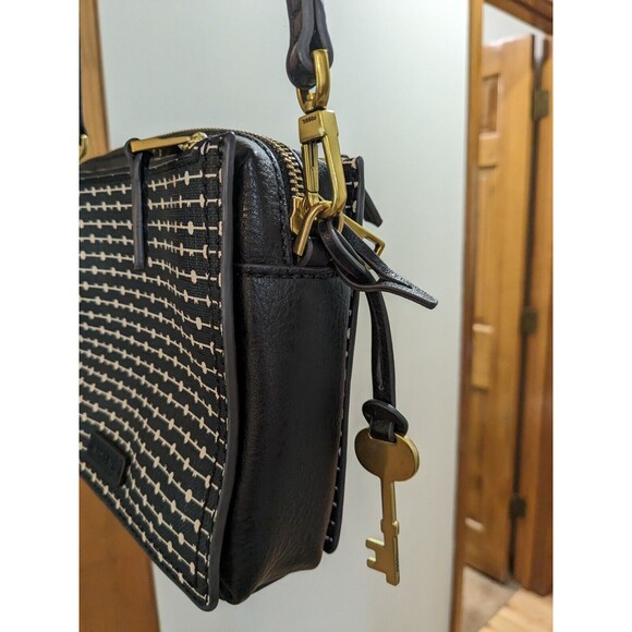 FOSSIL Campbell Crossbody Black Stripe Purse Adjustable Strap - Picture 2 of 12